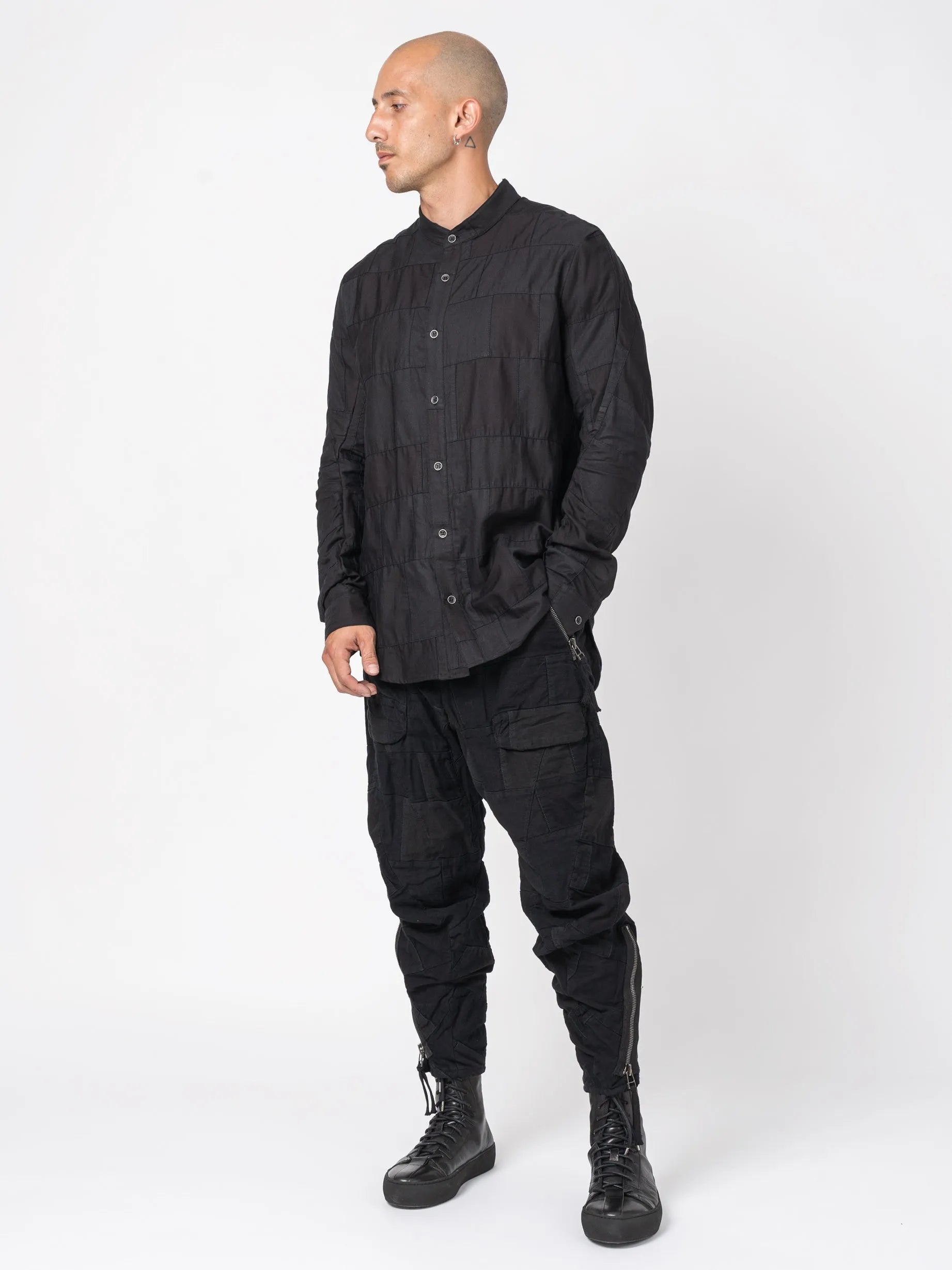 D.HYGEN Patchwork Band Collar Shirt - Black