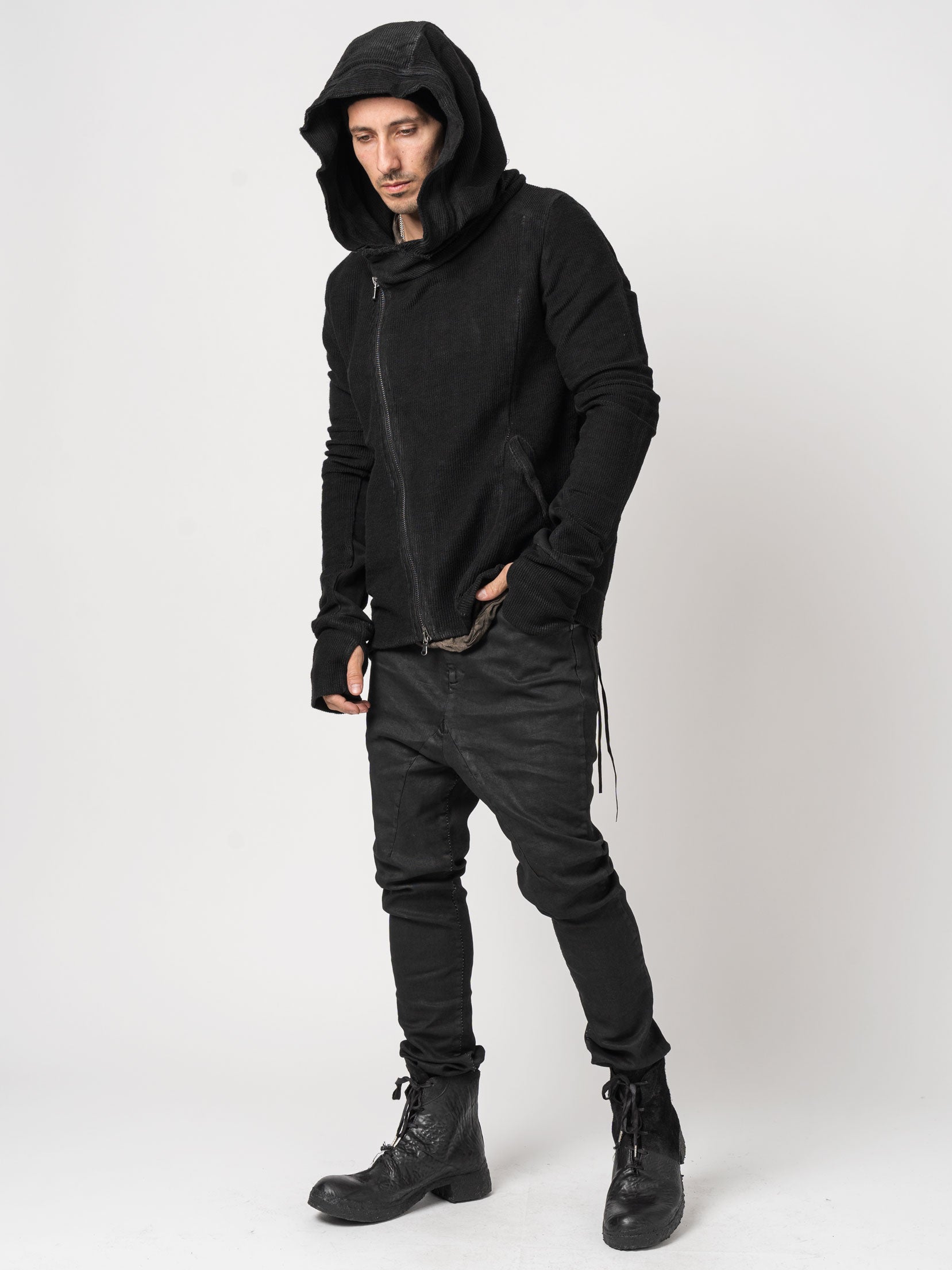 Cotton Zip-Up Hoodie with Leather Effect